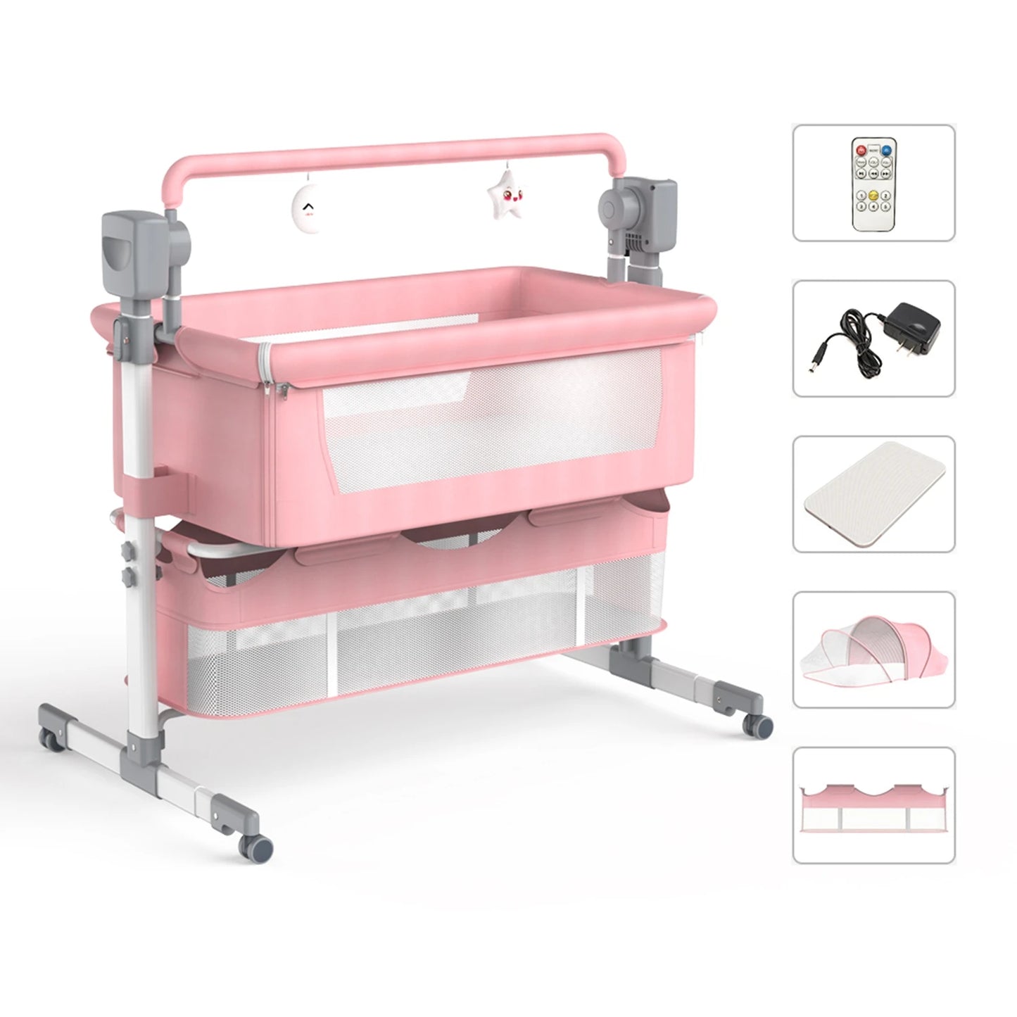 Bassinet for Baby,Automatic Rocking Bassinet with Remote,Wheels, Newborn Bedside Sleeper,Co-sleeper suit 0-6M, Travel Baby Cribs