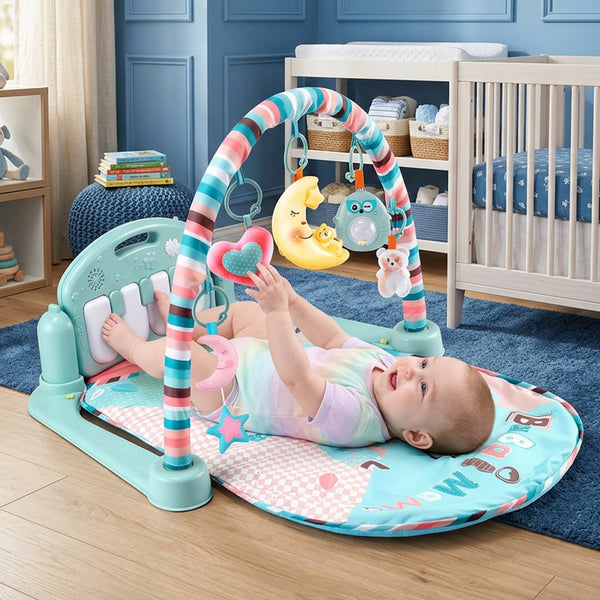 A baby lies on a pastel activity gym mat in a nursery, reaching toward hanging toys on a striped arch. The scene includes a crib, shelves, and a blue rug, making this a Lifestyle image rather than a clean Product/Packaging shot.