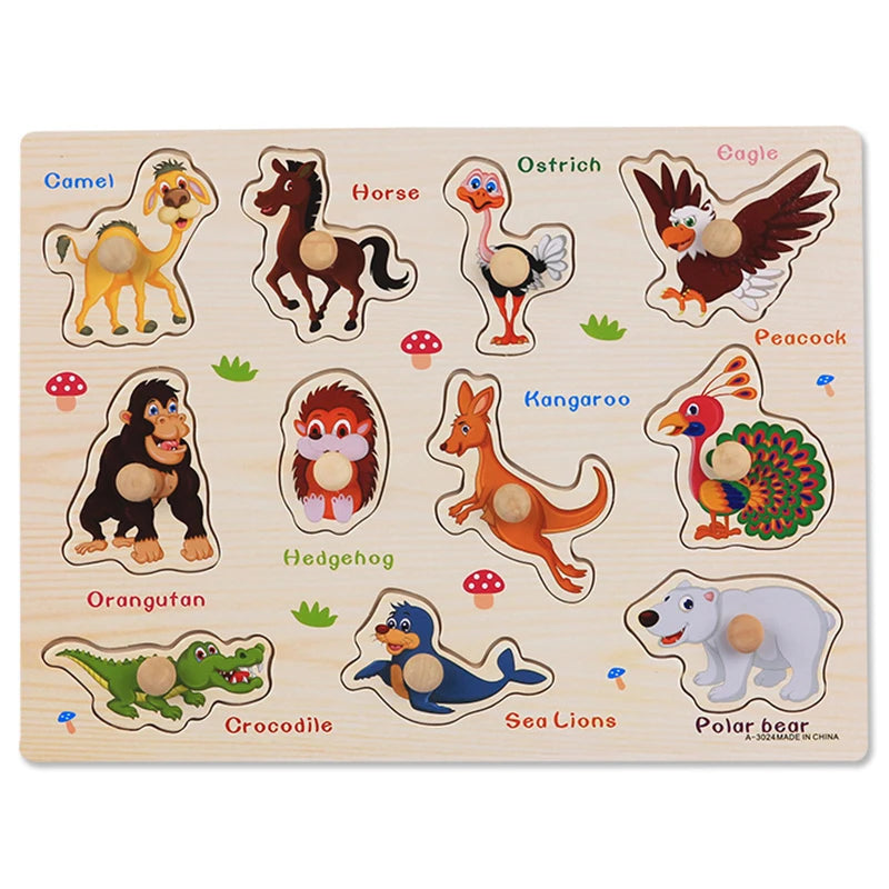 Wooden puzzle board featuring cartoon animals like a camel, horse, and polar bear with wooden knobs for easy grip.