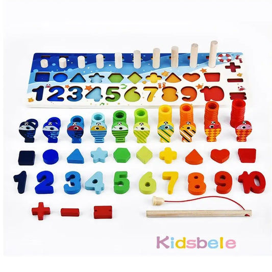 Montessori number toy set with colorful number tiles, animals, and wooden fishing rod