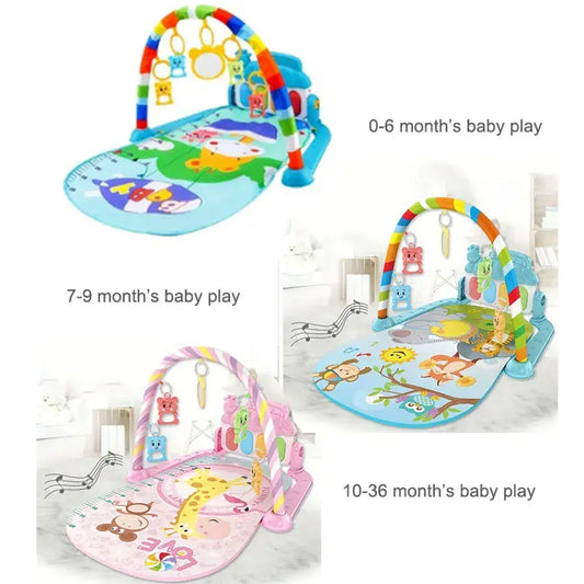 Baby activity play mat set with arch, hanging toys, and animal-themed play mat for babies.