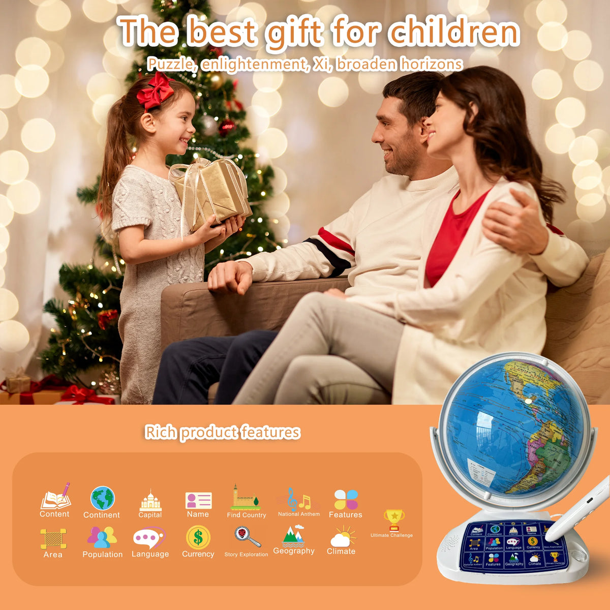 11-inch terrestrial globe with LED lights, featuring educational elements, placed on a white base, surrounded by festive