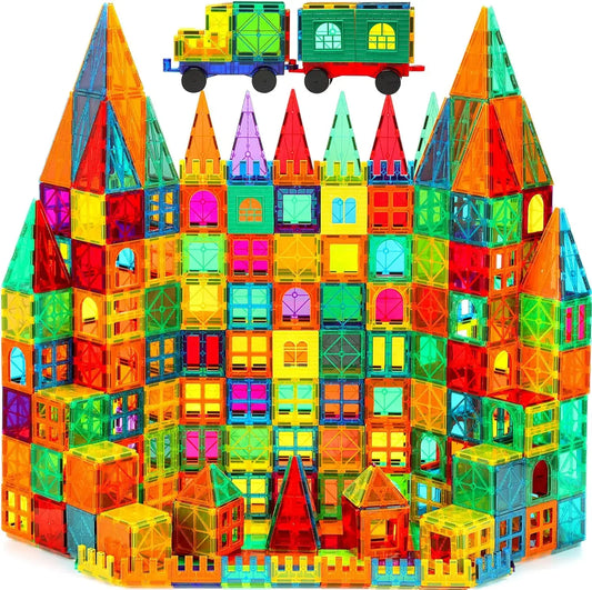Colorful magnetic building blocks castle with triangular tower pieces and window frames