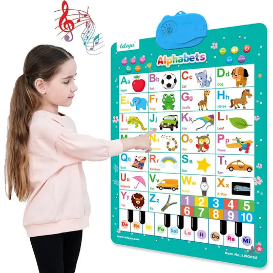 Kids alphabet learning wall chart with Aa–Zz tiles and illustrated picture examples