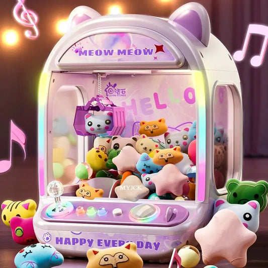 White and purple claw arcade machine with clear window full of plush toys