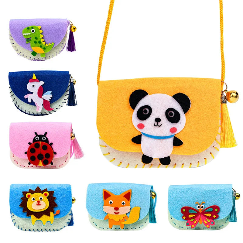 Colorful DIY shoulder bag sewing kits featuring animal designs like a panda, lion, and dinosaur, with tassels.