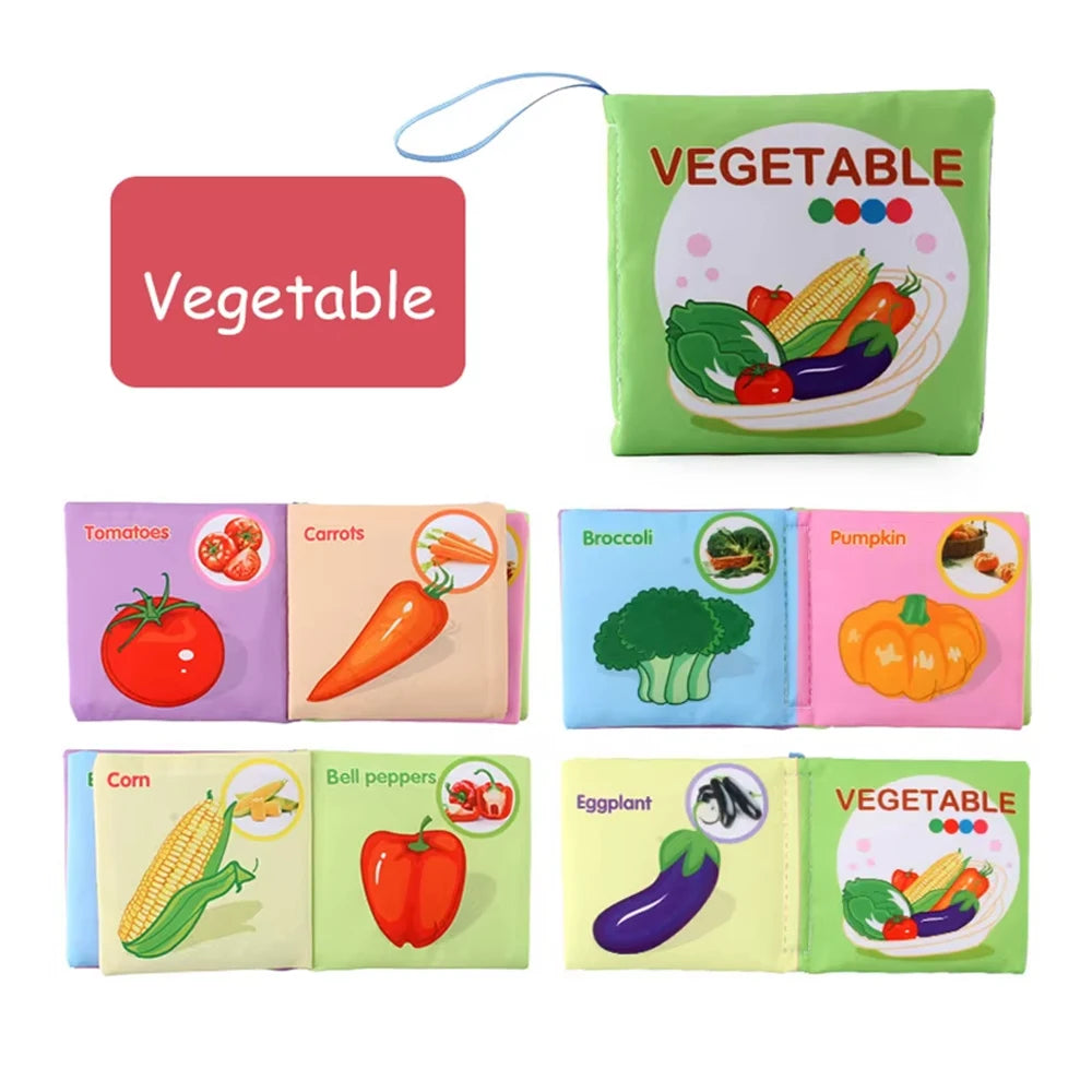 Colorful washable baby cloth book set featuring vegetable illustrations and multi-textured pages.