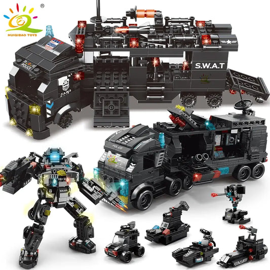 Black SWAT police command truck with lights, helicopter, and various building blocks, featuring a robot and vehicles.