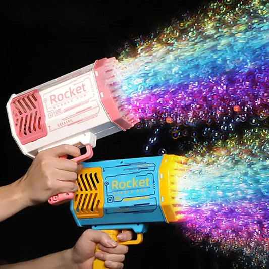 Pink and blue electric rocket bubble gun blowing bubbles with LED lights