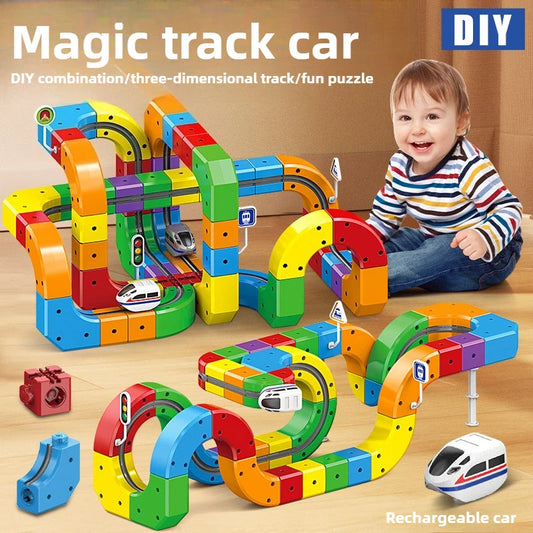 Colorful magnetic rail maze train set with multi-level track pieces and toy car