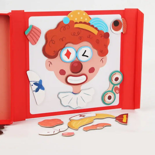 Magnetic expression puzzle face board with clown features and small magnetic accessory pieces
