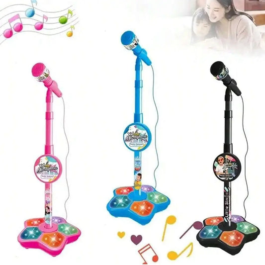 Kids karaoke microphone stand toy with glowing multi-color platform and wired microphone