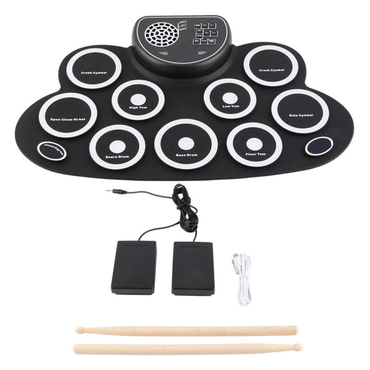 Roll up electronic drum set with 10 pads, built-in speaker, two pedals, and drumsticks, in black and white.