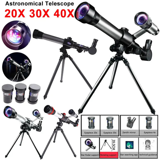 Astronomical telescope with adjustable eyepieces, mounted on a tripod, featuring a sleek black design and colorful lenses.