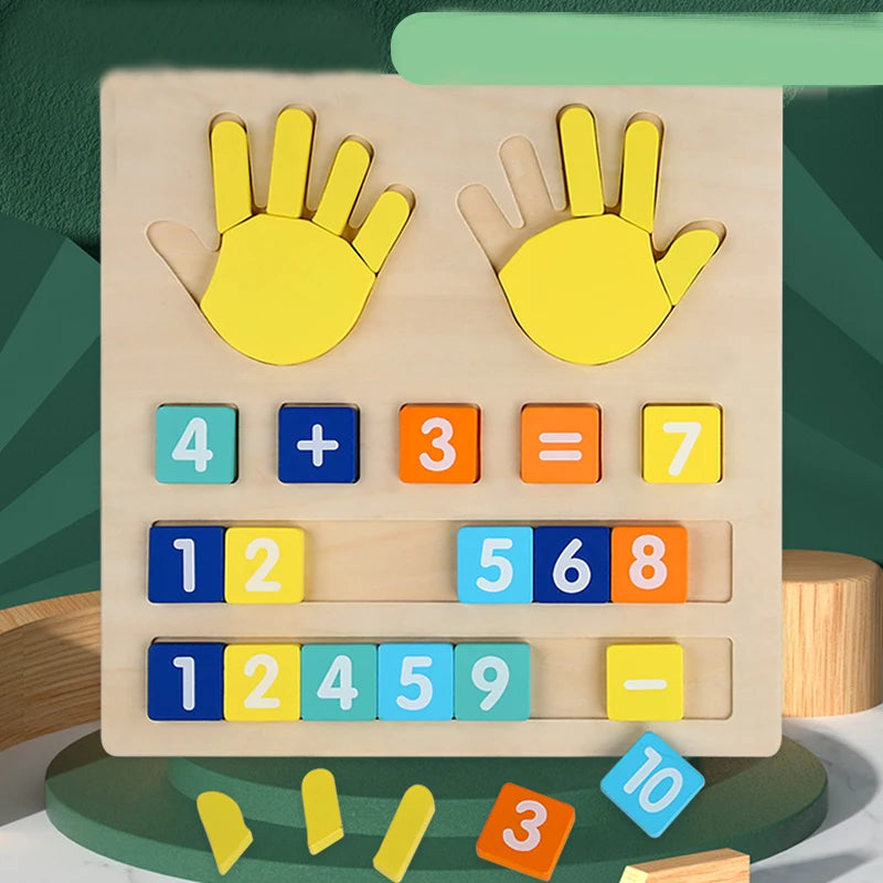 Wooden math learning toy with colorful number blocks, hand shapes, and math symbols for toddlers.