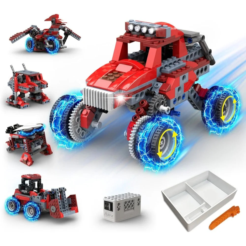 Red and gray robot building kit with multiple assembled models, including a car and other vehicles, showcasing colorful