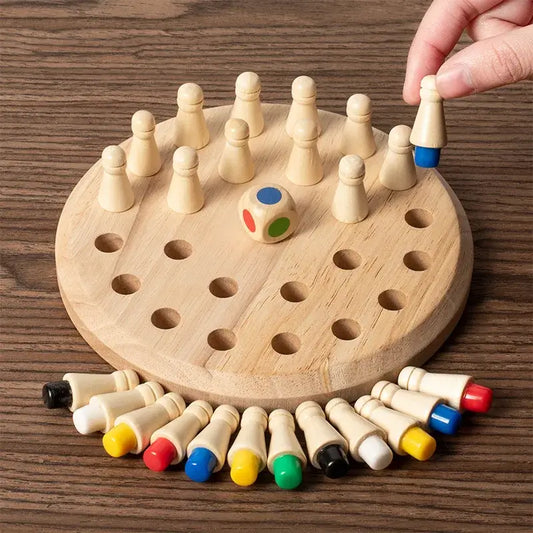 Wooden memory match stick game with round board, colorful pegs, and a dice, designed for children's cognitive learning.