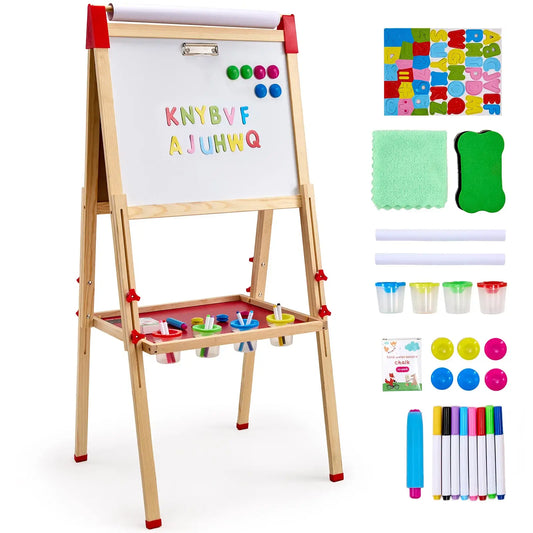 Kids 3-in-1 art easel with magnetic whiteboard, chalkboard-style panel, and lower paint tray