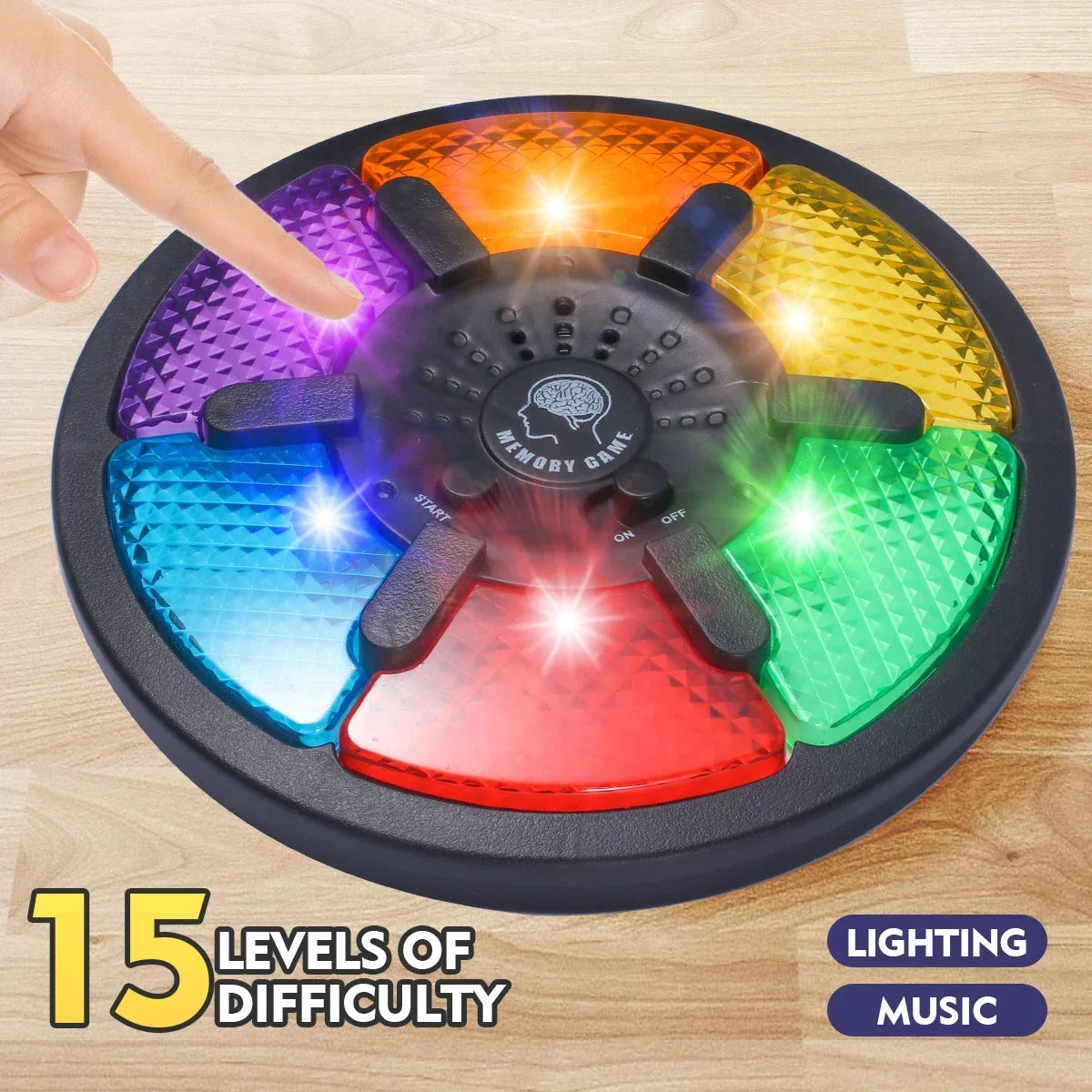 Handheld electronic memory game with colorful buttons, light effects, and sound features, designed for kids.
