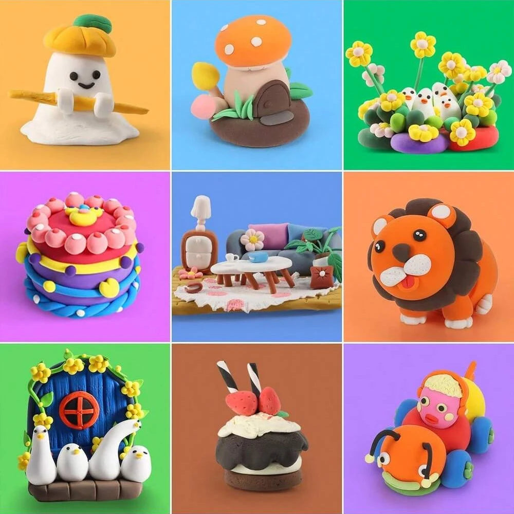 Colorful air-dry clay figures including animals, flowers, and a mushroom, arranged in a 3x3 grid on vibrant backgrounds.