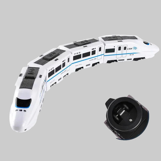 White LED bullet train toy set with blue stripe, three cars, plus black connector piece