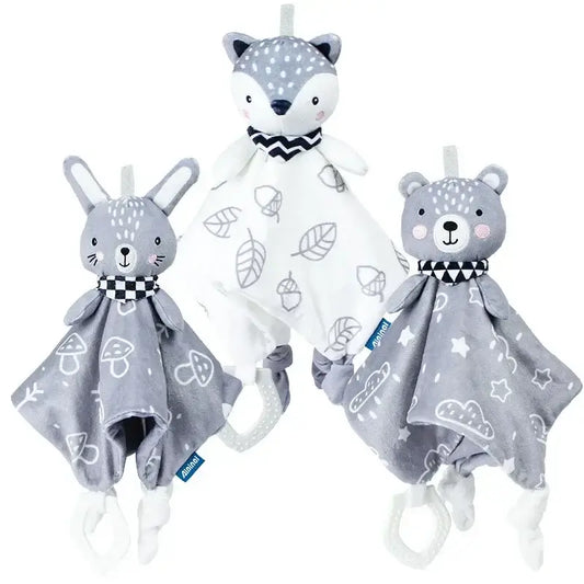 Three plush baby comforter toys in gray tones featuring a bunny, a bear, and a fox with patterned blankets.