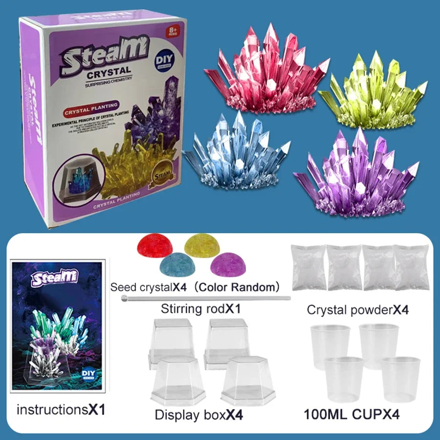 Colorful growable crystal kits in various shapes, includes seed crystals, display boxes, and instructions.
