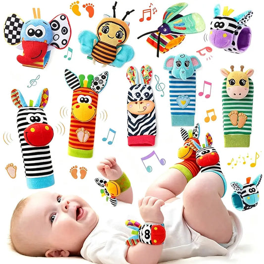 Colorful baby wrist rattles and socks featuring animal designs, including a bee, elephant, and zebra, with musical notes.