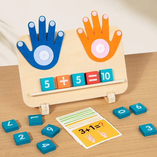 Wooden math learning board with colorful hand shapes, number tiles, and a question card for toddlers.