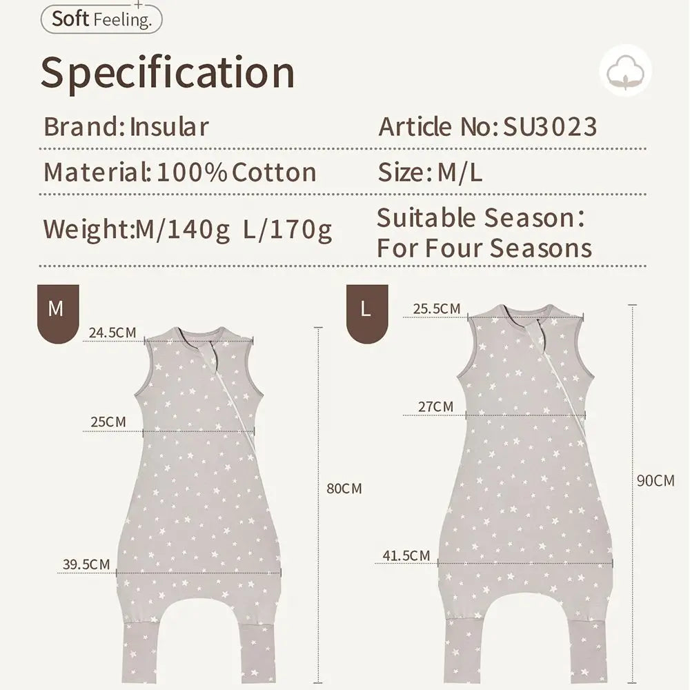 INSULAR Baby Soft Sleep Sack With Feet Infant Sleeveless Sleeping Bags Children's Homewear Premium Cotton 2-Way Zipper4 Seasons