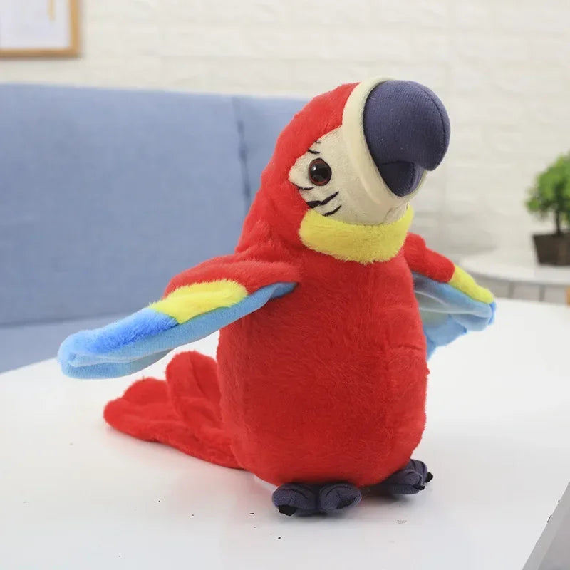 Red and blue stuffed macaw parrot plush toy with a yellow collar, sitting on a flat surface.