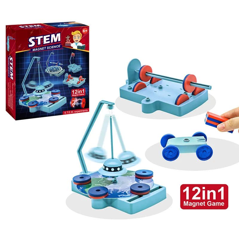 STEM magnet science toy set with various colorful components, including a base, wheels, and a game box.