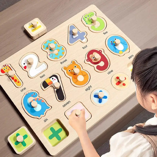 Colorful wooden puzzle board with numbers and animal shapes, featuring a child interacting with the pieces.