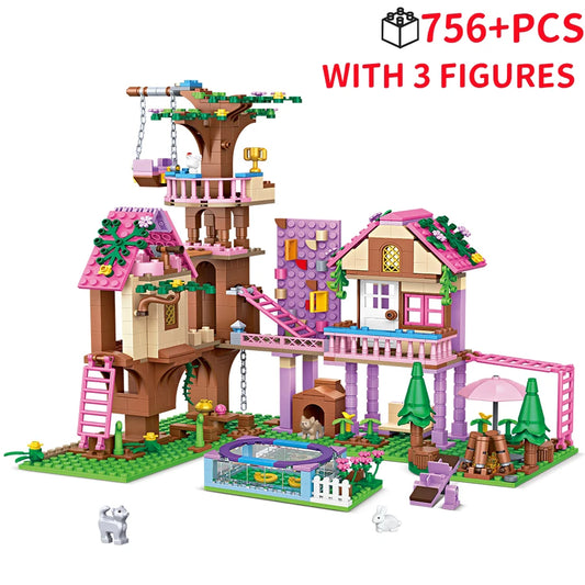 Treehouse building blocks set with multi-level wooden house, pink roofs, and porch