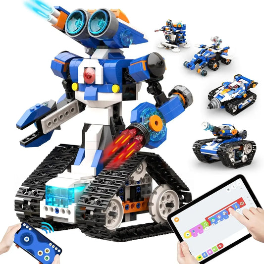 Blue and white robot toy with tracks, remote control, and coding interface, surrounded by smaller robot models.