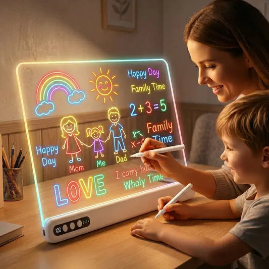 Colorful LED drawing board with neon drawings, children drawing, and a timer, on a wooden table.