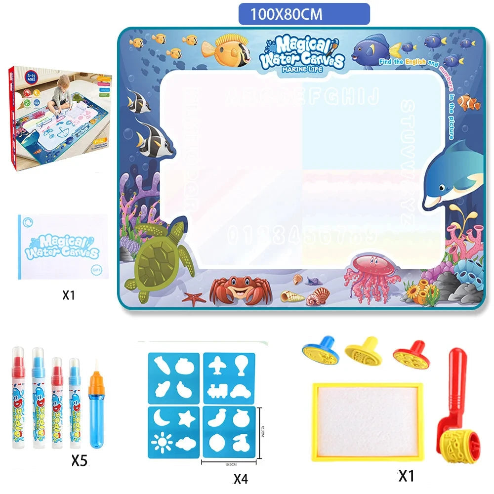 Magic water drawing mat featuring colorful sea creatures, includes reusable pens, stencils, and accessories.