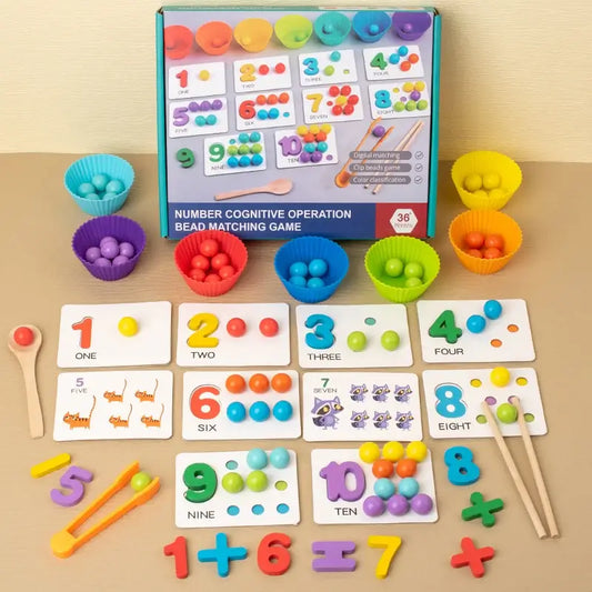 Colorful sorting bowls with various beads, matching cards, and wooden sticks for educational play.