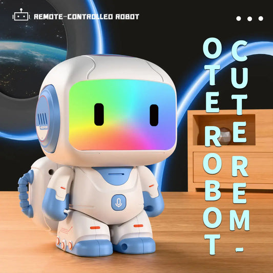 Interactive remote control robot with colorful lights, smiling face, and blue accents, placed on a wooden surface.