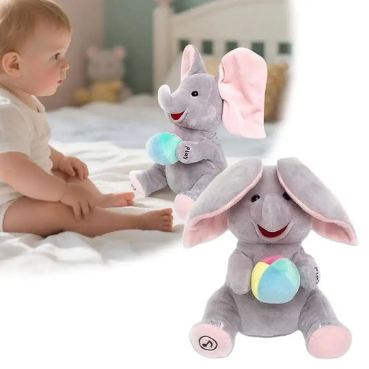 Gray plush elephant toy with pink ears, smiling face, and multicolor ball for babies
