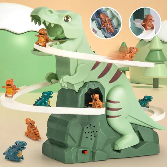 Green dinosaur climbing slide toy with three small dino figures on white track