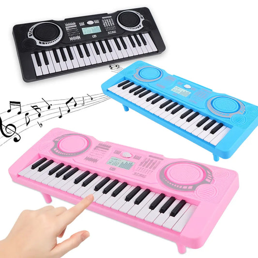 Three colorful electronic keyboards in pink, blue, and black with 37 keys and musical note graphics.