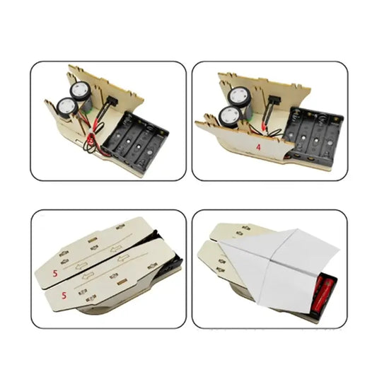 Wooden catapult kit with components for building a paper airplane launcher, includes battery holder and gauges.