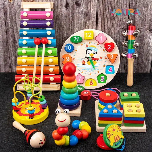 9-in-1 Wooden Montessori Music Toy - Rattle & Drum Set - Kiddie Treasure