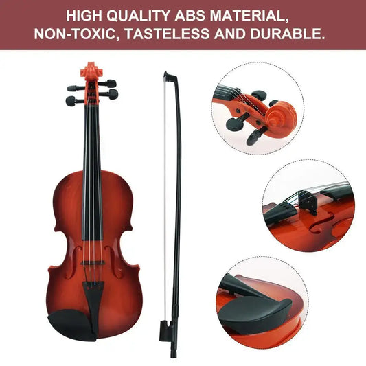 Red acoustic violin toy with adjustable strings, bow, and black chin rest, made of durable ABS material.