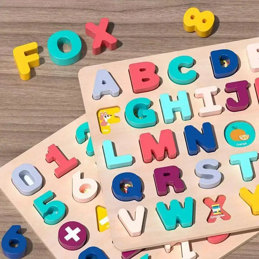 Colorful wooden puzzle board featuring letters, numbers, and shapes in various colors for toddlers.