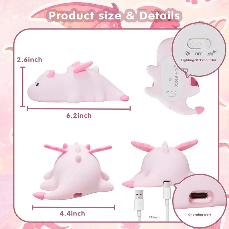 Dragon Night Light for Kids, Rechargeable 7 Colors Silicone Night Lights with Magnetic Base & Timer, Dimmable Nursery