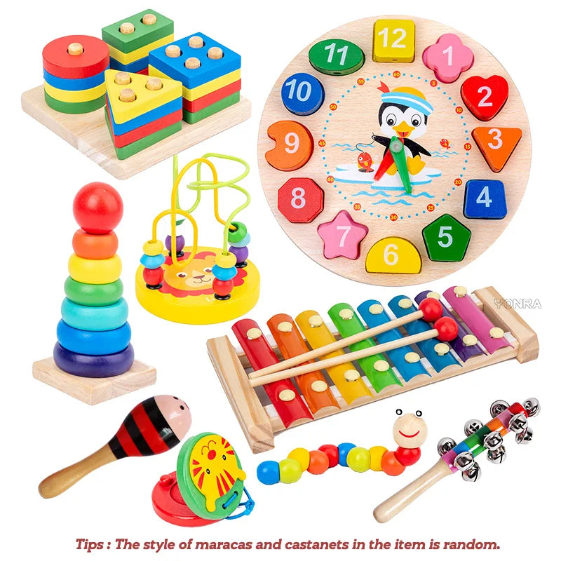 9-in-1 Wooden Montessori Rattle & Drum Music Toy Set