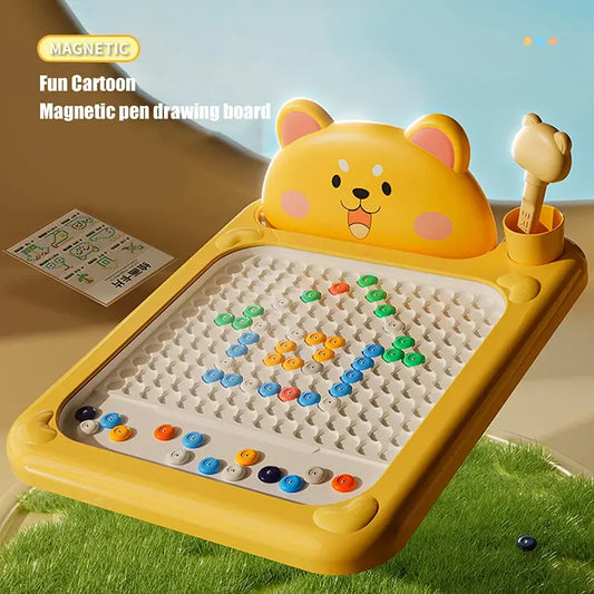 Yellow cartoon bear magnetic drawing board with bead patterns and pen holder