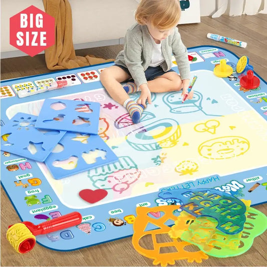 Magic water drawing mat with colorful doodles, reusable pens, and stencils, designed for kids' educational play.